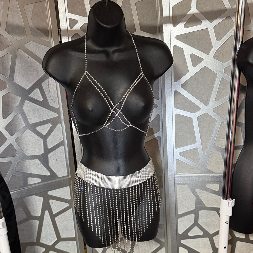 Silver Rhinestone Body Chain Set